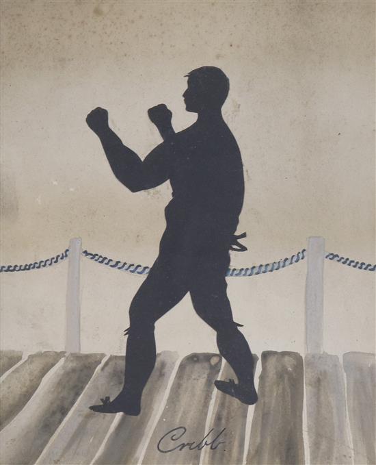 19th century English School, cut paper and watercolour silhouette, full length profile of the boxer Tom Cribb, 24 x 19cm, original bird